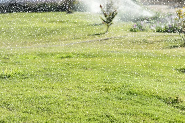 Zavlažovací Systém Zavlažování Zelené Trávy Rozmazané Pozadí — Stock fotografie