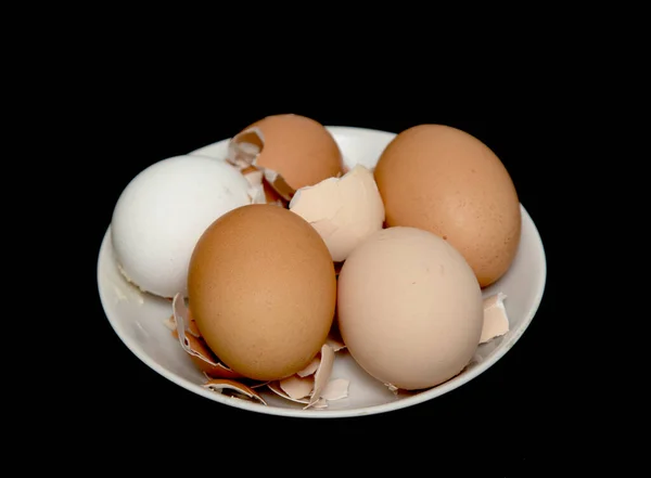 Eggs Shells Plate Black Background — Stock Photo, Image