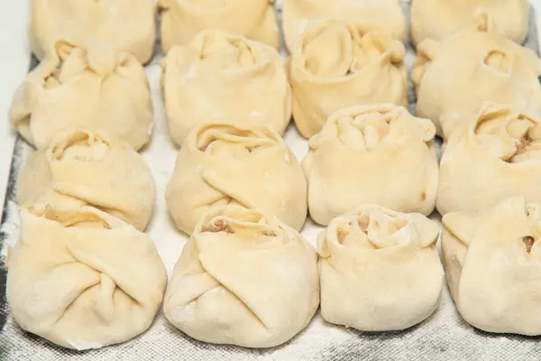 Stek Med Kött Manti Khinkali Klimp Ångkokning Livsmedelsasien — Stockfoto