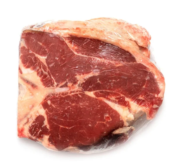 Pedaço Carne Crua Fresca Com Osso Sobre Fundo Branco — Fotografia de Stock