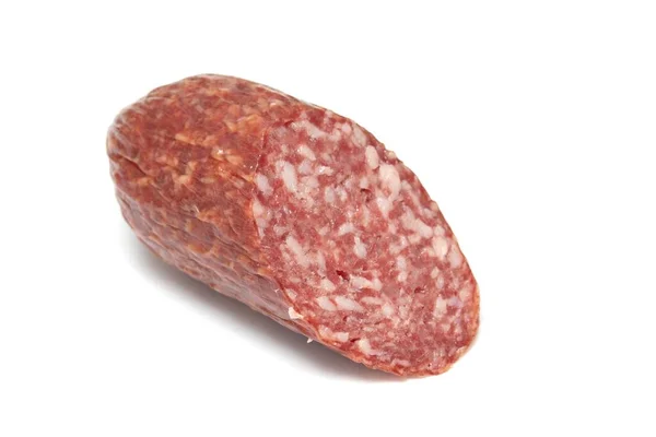 Snijd Gerookte Salami Worst Geïsoleerd Een Witte Achtergrond — Stockfoto