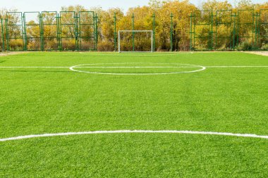 Futsal futbol sahası sonbahar doğasında suni saha.