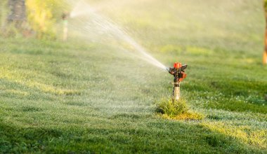 Sulama Sistemi Yeşil çimenleri suluyor, bulanık arkaplan