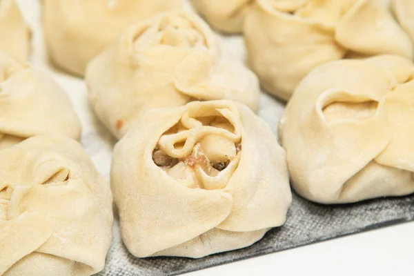 Stek Med Kött Manti Khinkali Klimp Ångkokning Livsmedelsasien — Stockfoto