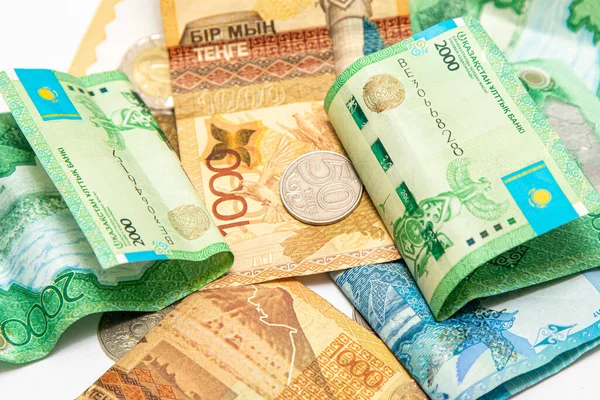 Papírové Peníze Mince Tenge Kazachstánu Pozadí — Stock fotografie