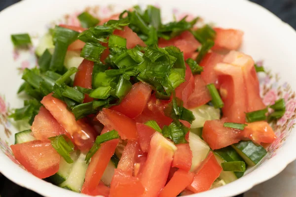 Salad Tomatoes Cucumbers Green Onions Close — Stock Photo, Image