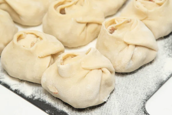 Teig Mit Fleisch Manti Chinkali Klößen Dampfgaren Lebensmittel Asien — Stockfoto