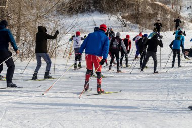 Petropavlovsk, Kazakistan - 29 Şubat 2020: Erkekler ve kadınlar, çocuklar kışın ormanda kayak yapıyor. Güneşli kış manzarası, kayak. Petropavlovsk, Kazakistan.