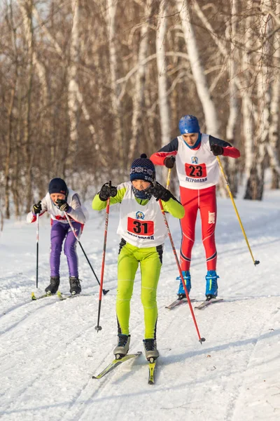 Petropavlovsk Kazajstán Febrero 2020 Los Escolares Están Esquiando Bosque Invernal — Foto de Stock