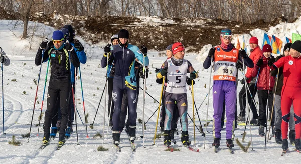 Petropavlovsk, Kazakistan - 29 Şubat 2020: Erkekler ve kadınlar, çocuklar kışın ormanda kayak yapıyor. Güneşli kış manzarası, kayak. Petropavlovsk, Kazakistan.