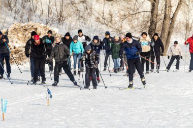 Petropavlovsk, Kazakistan - 29 Şubat 2020: Erkekler ve kadınlar, çocuklar kışın ormanda kayak yapıyor. Güneşli kış manzarası, kayak. Petropavlovsk, Kazakistan.