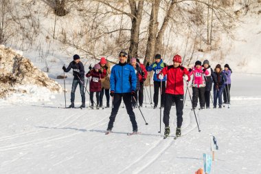 Petropavlovsk, Kazakistan - 29 Şubat 2020: Erkekler ve kadınlar, çocuklar kışın ormanda kayak yapıyor. Güneşli kış manzarası, kayak. Petropavlovsk, Kazakistan.