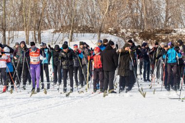 Petropavlovsk, Kazakistan - 29 Şubat 2020: Erkekler ve kadınlar, çocuklar kışın ormanda kayak yapıyor. Güneşli kış manzarası, kayak. Petropavlovsk, Kazakistan.
