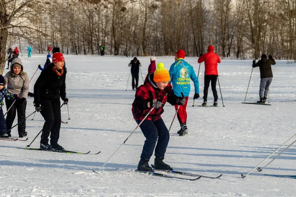 Petropavlovsk Kazachstán Února 2020 Muži Ženy Děti Lyžují Zimě Lese — Stock fotografie