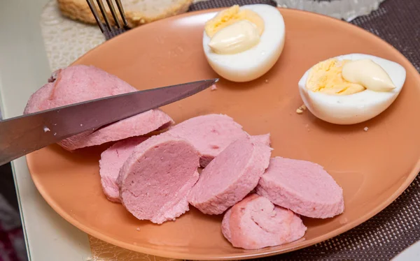 Cut Sausage Small Pieces Plate — Stock Photo, Image