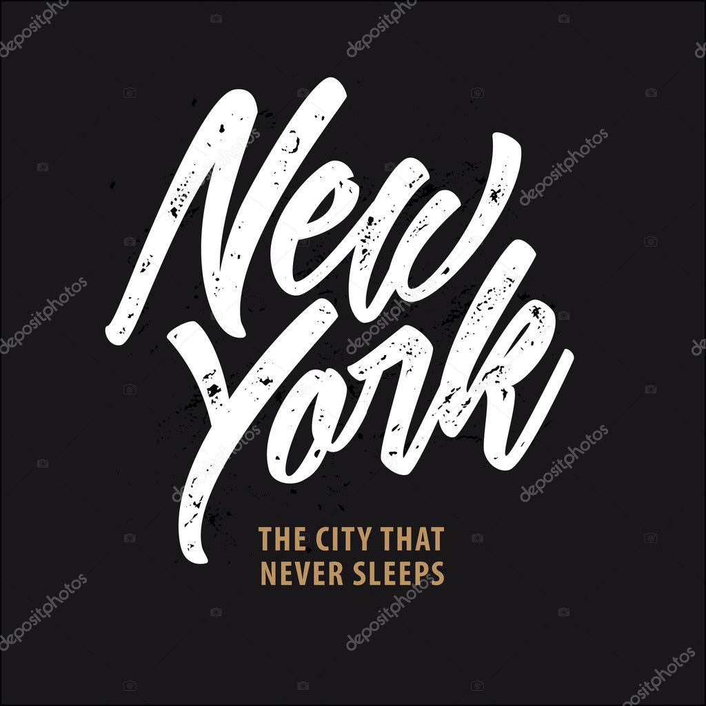 New york. The city that never sleeps. NY logo ion black. NYC label or logotype. Golden glitter badge calligraphy.