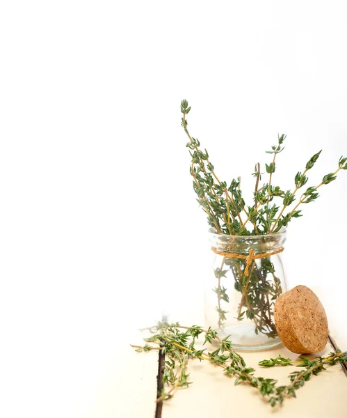 Fresh thyme on a glass jar — Stock Photo, Image