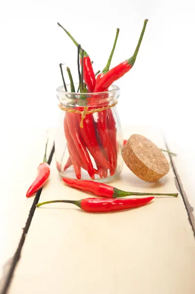 Red chili peppers on a glass jar — Stock Photo, Image
