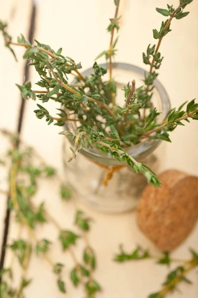 Fresh thyme on a glass jar — Stock Photo, Image