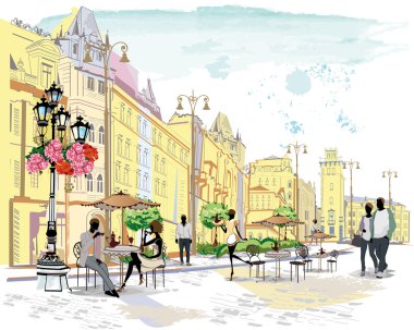 İnsanlarla sokak kafeleri dizi.