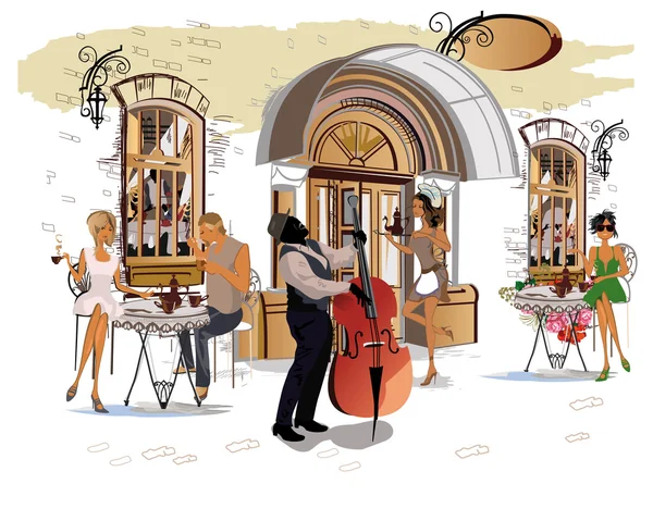 Street cafe with a musician. — Stock Vector