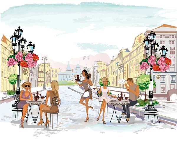 Series of the street cafes with people. — Stock Vector