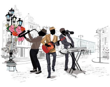 Series of the streets with musicians in the old city. clipart