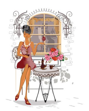 Series of street cafes in the city with people drinking coffee. Girl in the street cafe.  clipart