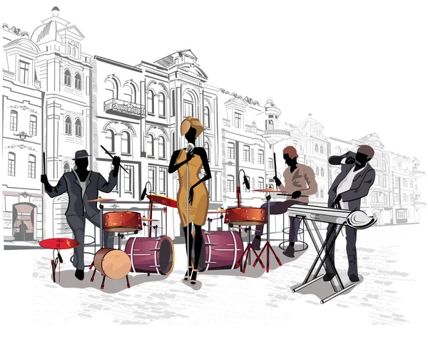 Serie av gatorna med musiker i den gamla staden. — Stock vektor