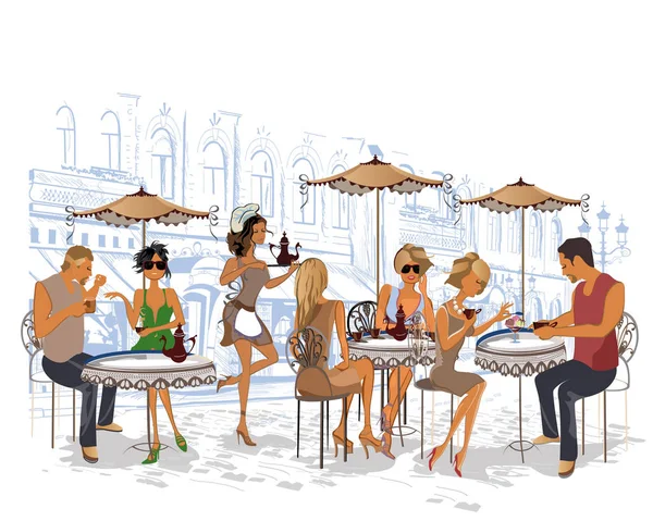 Serie de cafés callejeros en la ciudad con gente tomando café . — Archivo Imágenes Vectoriales