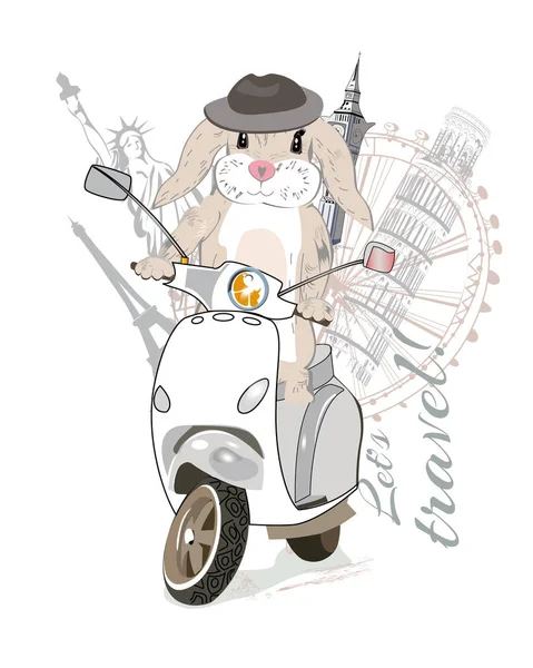 Coelhinho bonito no chapéu viaja em uma scooter para as vistas . — Vetor de Stock