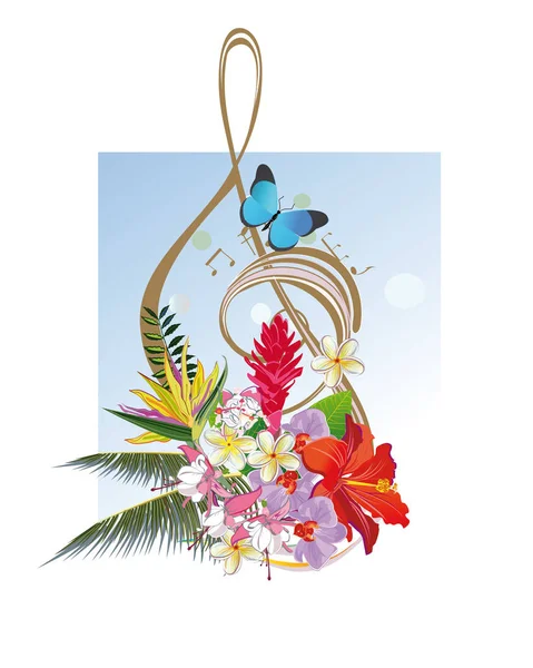 熱帯の葉と花で飾られた抽象的なト音記号 — ストックベクタ