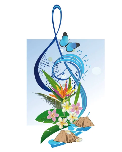 Soyut tiz nota anahtarı tropikal yaprak ve çiçekleri ile süslenmiş — Stok Vektör