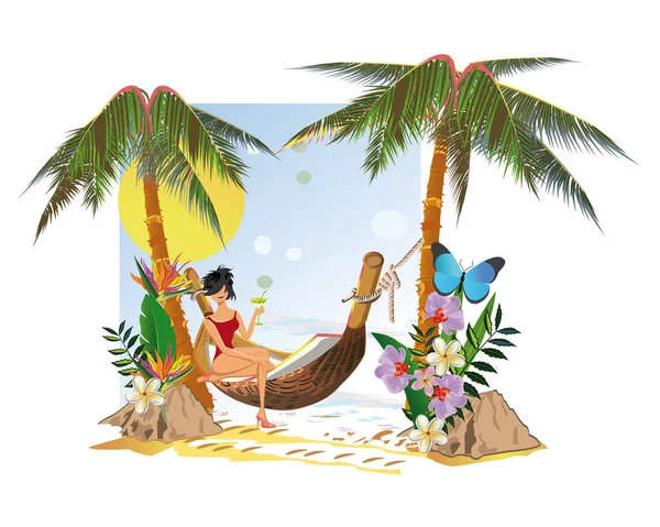 Fashion girl in hommack among the tropical nature near the sea. — Stock Vector