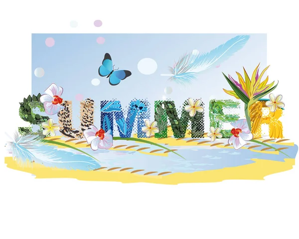 Lettering SUMMER com uma borboleta . — Vetor de Stock