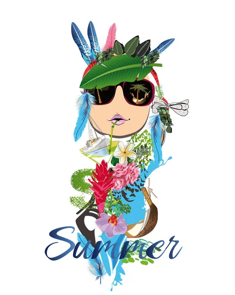 Abstrakte Sommer tropische Frau mit Federn, Blumen und Sonnenbrille. — Stockvektor