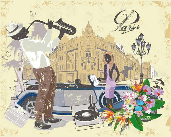 Серія вінтажних плакатів, прикрашених музикантами та старовинними вуличними кафе . — стокове фото