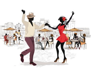 Series of the streets with musicians and dancing couples in the old city.  clipart