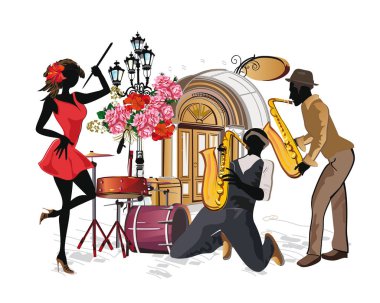 Müzisyenler ile müzikal arka planlar dizi. Caz poster. 