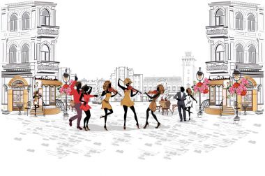 Fashion girls in the street cafe. Street cafe with flowers in the old city. clipart