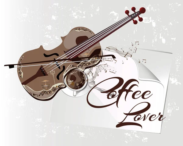 ヴァイオリンとカップ コーヒー恋人のためのコーヒー。T シャツ グラフィック. — ストックベクタ