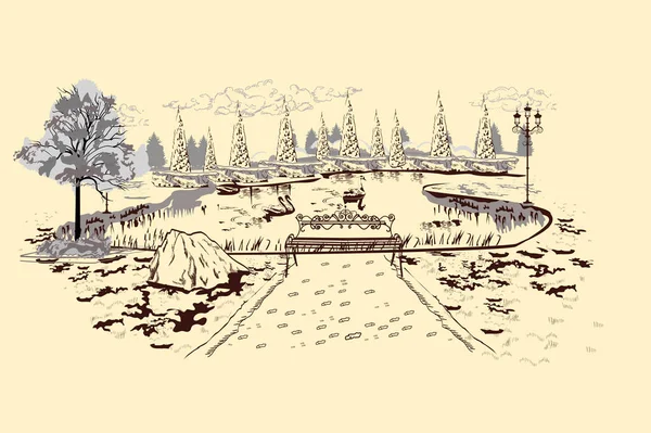 Serie de vistas de paisajes del parque con tres líneas. Sendero en medio del césped . — Vector de stock