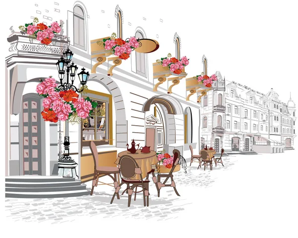 Serie de fondos decorados con flores, vistas al casco antiguo y cafés callejeros . — Vector de stock