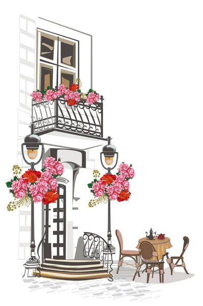 Série de décors décorés avec des fleurs, des vues sur la vieille ville et des cafés de rue . — Image vectorielle