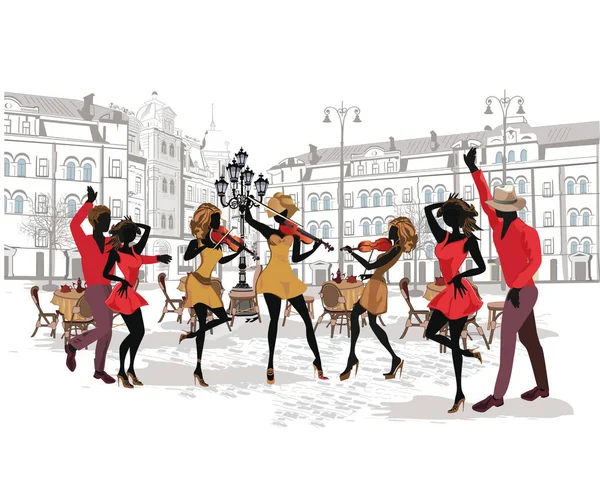 Series of the streets with musicians and dancing couples in the old city. — Stock Vector
