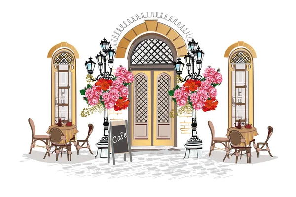 Serie de fondos decorados con flores, vistas al casco antiguo y cafés callejeros . — Vector de stock