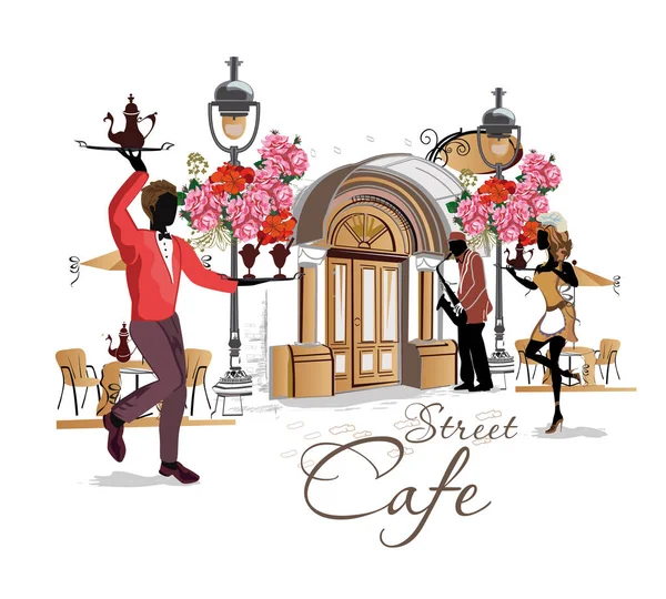 Ulicznych kawiarni z kwiatami na starym mieście. Kelnerzy służą tabele. — Wektor stockowy