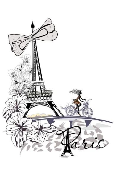 ファッションの女の子音楽ゲバ棒や蝶、パリで飾られて、自転車に乗る. — ストックベクタ