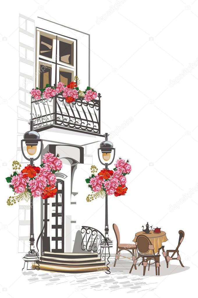 Series of backgrounds decorated with flowers, old town views and street cafes. 