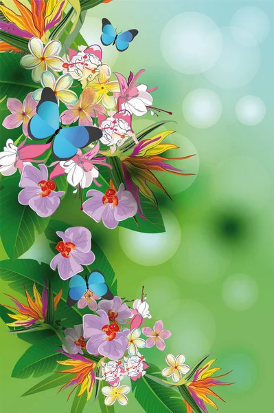 Φόντο με φοίνικες και λουλούδια. — Φωτογραφία Αρχείου